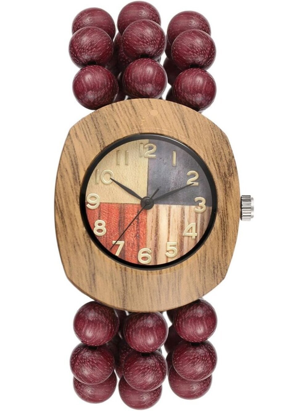 Women Red And Colorful Dial Analog Buddhist Beaded Bracelet Elastic Wooden Watch